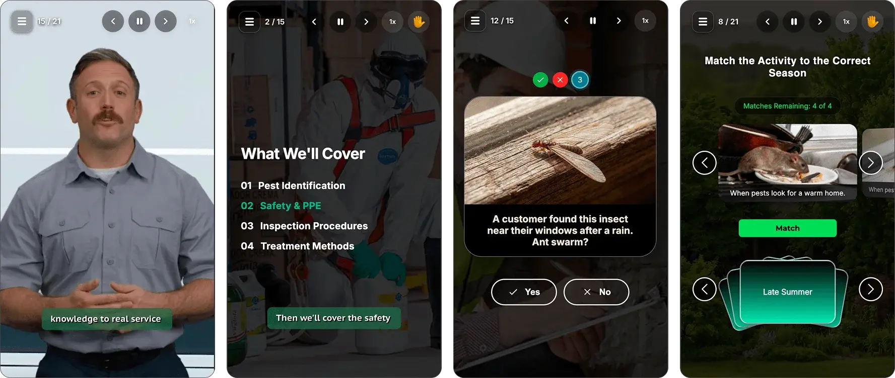 Example pest control onboarding on mobile — pest identification, a course overview, a termite-evidence quiz, and a seasonal-activity matching game